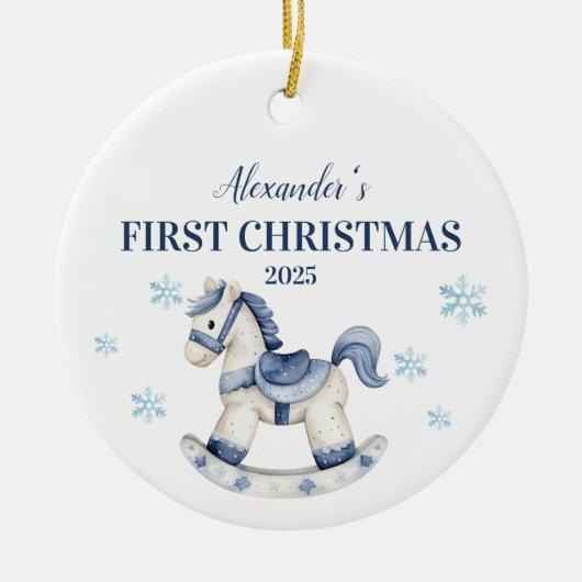 Gepersonaliseerde Blue Rocking Horse Eerste Kerstd Keramisch Ornament (Voorkant)