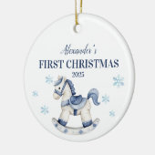 Gepersonaliseerde Blue Rocking Horse Eerste Kerstd Keramisch Ornament (Links)