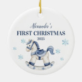 Gepersonaliseerde Blue Rocking Horse Eerste Kerstd Keramisch Ornament (Achterkant)