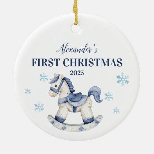 Gepersonaliseerde Blue Rocking Horse Eerste Kerstd Keramisch Ornament (Achterkant)