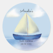 Gepersonaliseerde Blue Sail Boat Baby shower Ronde Sticker (Voorkant)