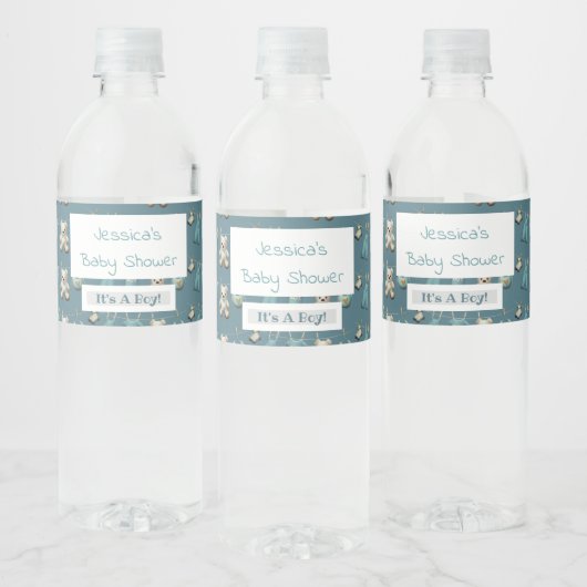 Gepersonaliseerde Blue Teddy Bear Boy Baby shower Waterfles Etiket (Flessen)