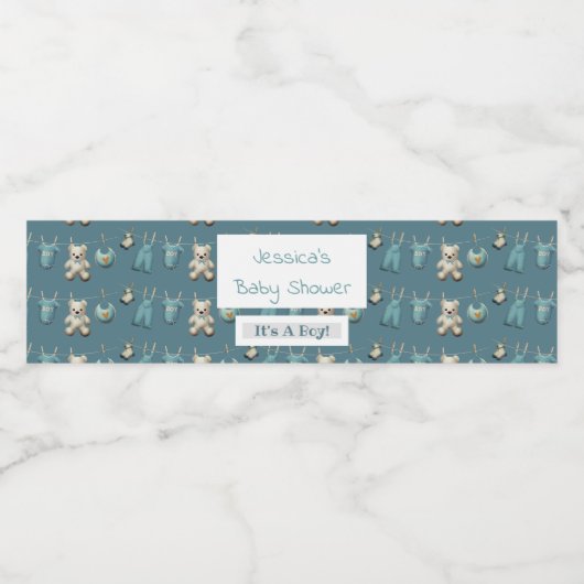 Gepersonaliseerde Blue Teddy Bear Boy Baby shower Waterfles Etiket (Enkel label)