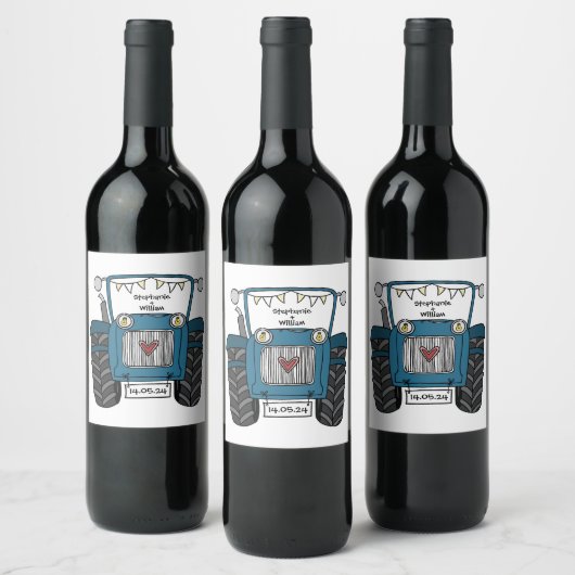 Gepersonaliseerde Blue Tractor Country Bruiloft Wijn Etiket (Flessen)