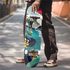 Gepersonaliseerde Blue Waves Green Dragon Red Sun- Persoonlijk Skateboard