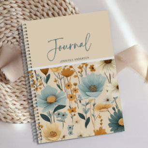 Gepersonaliseerde Blue Yellow Cream Floral Journal Notitieboek