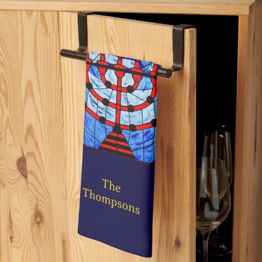 Gepersonaliseerde Blues Reds Yellows Chanoeka Theedoek (Derde Gevouwen)