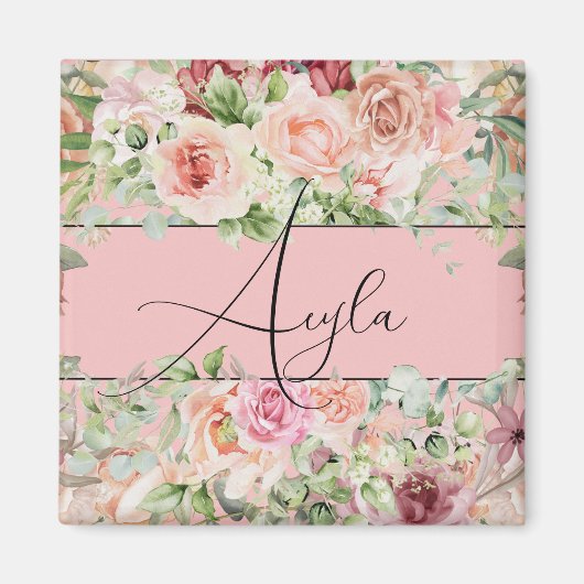 Gepersonaliseerde Blush Bloemen Grens met Rozen Magneet (Voorkant)