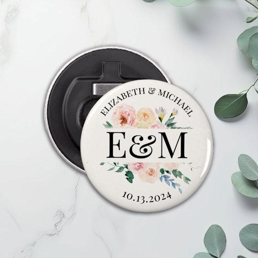 Gepersonaliseerde Blush Bloemen Huwelijksgunst But Button Flesopener