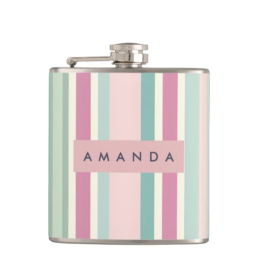 Gepersonaliseerde Blush Mint Pastel Strepen Heupfles (Voorkant)