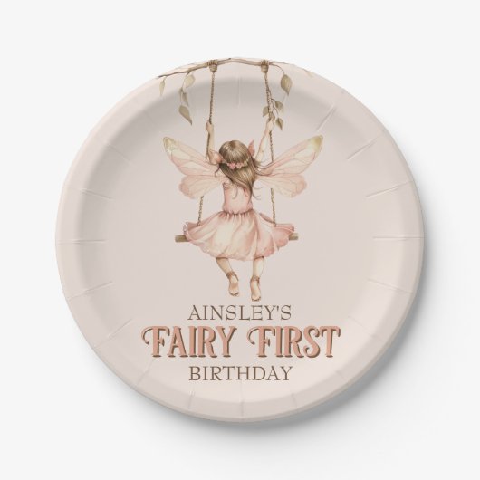 Gepersonaliseerde Blush Pink Fairy Eerste 1e verja Papieren Bordje (Voorkant)