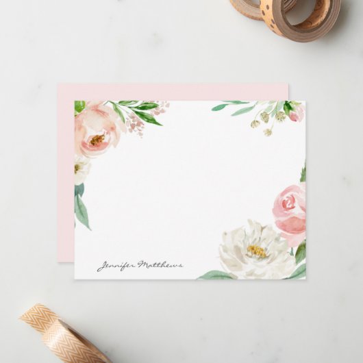 Gepersonaliseerde Blush Pink Feminine Floral Lijst Notitiekaartje (Voorkant / Achterkant in situ)