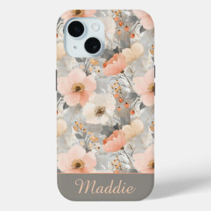 Gepersonaliseerde Blush Pink & Grey Waterverf Bloe iPhone 15 Case