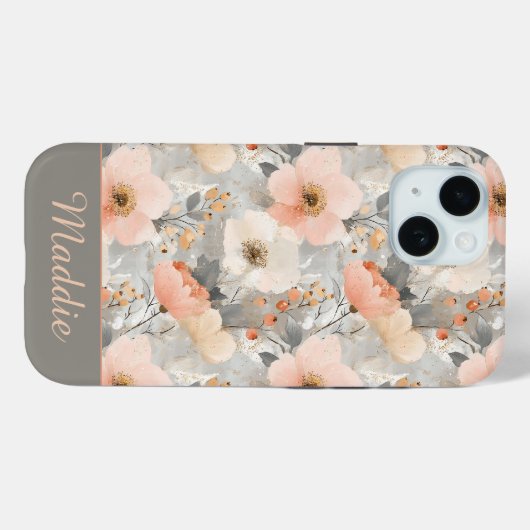 Gepersonaliseerde Blush Pink & Grey Waterverf Bloe Case-Mate iPhone Case (Achterkant (horizontaal))