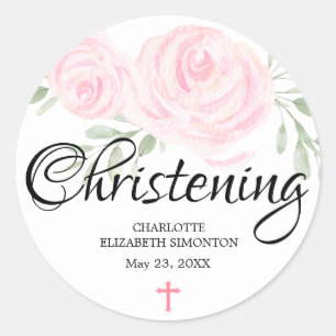 Gepersonaliseerde Blush Pink Rose en Cross doopsel Ronde Sticker