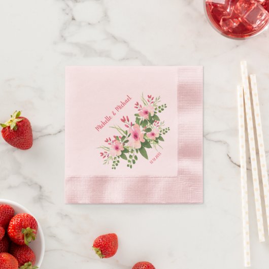 Gepersonaliseerde Blush Roze Bloemen bruiloft Servet (Insitu)