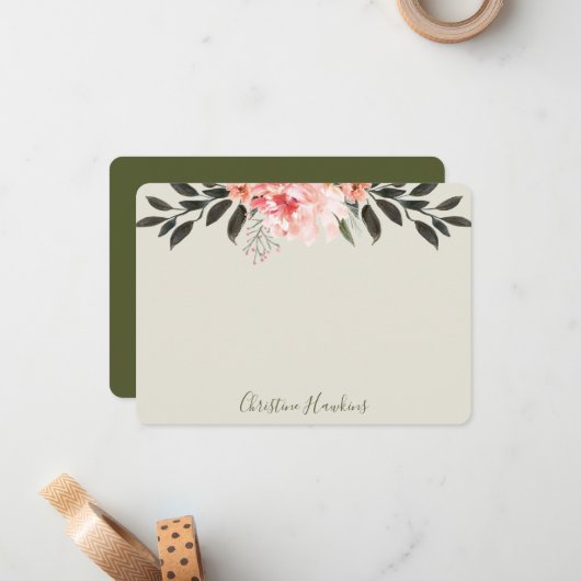 Gepersonaliseerde Blush roze Waterverf Moderne Gre Notitiekaartje (Voorkant / Achterkant in situ)