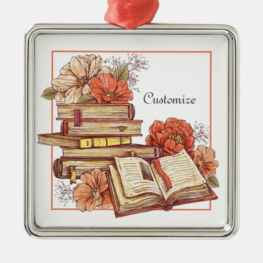 Gepersonaliseerde boeken en bloemen metalen ornament (Voorkant)