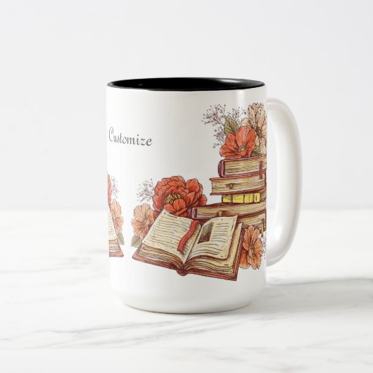 Gepersonaliseerde boeken en bloemen tweekleurige koffiemok (Voorkant rechts)