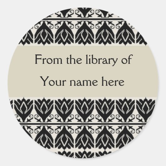 Gepersonaliseerde Boekplaten - Black Damask Ronde Sticker (Voorkant)