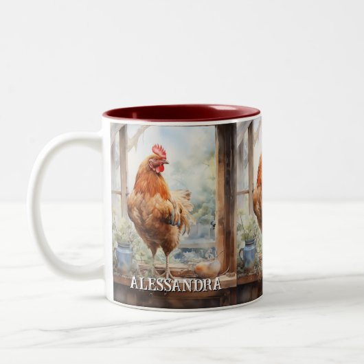 Gepersonaliseerde boerderij kip op vensterbank tweekleurige koffiemok (Links)