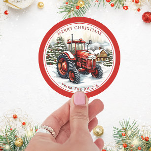 Gepersonaliseerde Boerderij Tractor Kerstmis Ronde Sticker