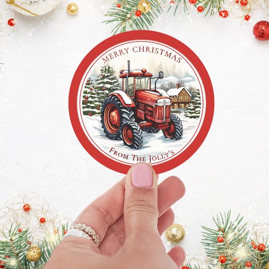 Gepersonaliseerde Boerderij Tractor Kerstmis Ronde Sticker