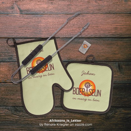 Gepersonaliseerde BOERSEUN Windpomp Afrikaans Braa Ovenwant & Pannenlap Set