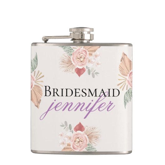Gepersonaliseerde Boho Bloemen Hart Roze Beige Heupfles (Voorkant)