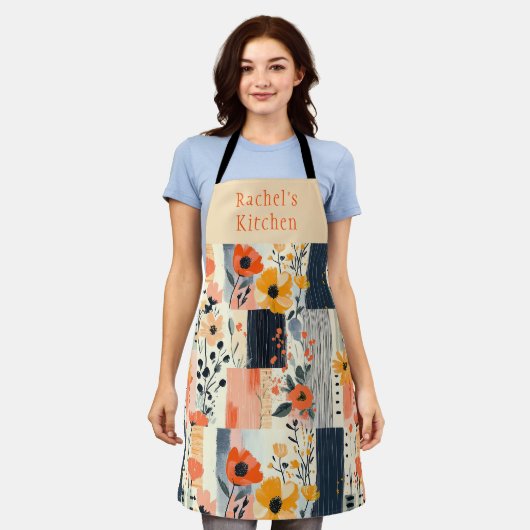 Gepersonaliseerde Boho Bloemen Patchwork Keuken Schort (Gedragen)