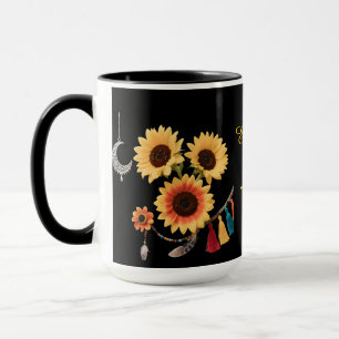 Gepersonaliseerde Boho Bloemen Zonnebloem Zwarte K Mok