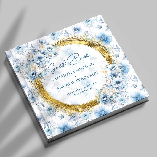 Gepersonaliseerde Boho Dusty Blue Gold Glitter Wed Gastenboek