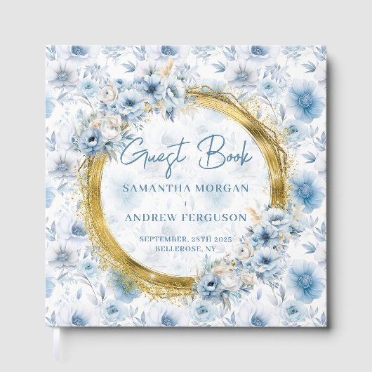 Gepersonaliseerde Boho Dusty Blue Gold Glitter Wed Gastenboek (Voorkant)