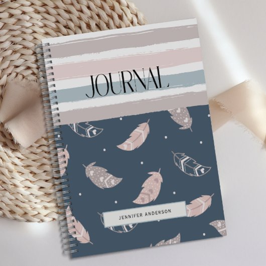 Gepersonaliseerde Boho Feather Stripes Pastel Jour Notitieboek