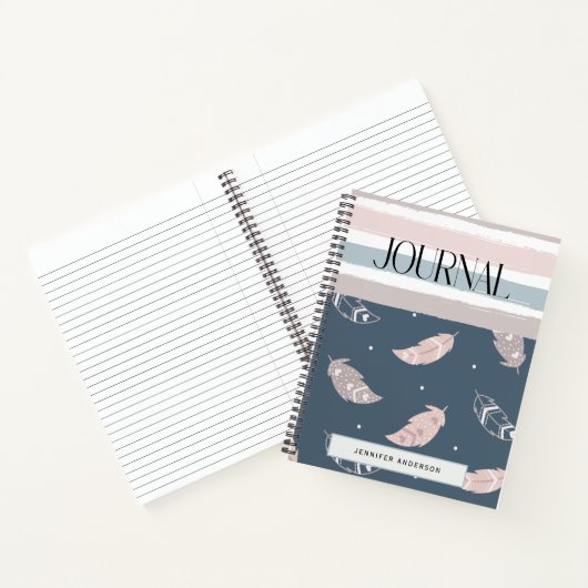 Gepersonaliseerde Boho Feather Stripes Pastel Jour Notitieboek (Binnen)
