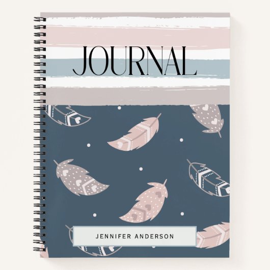 Gepersonaliseerde Boho Feather Stripes Pastel Jour Notitieboek (Voorkant)