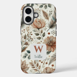 Gepersonaliseerde Boho Floral Monogram en Naam iPhone 16 Hoesje