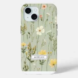 Gepersonaliseerde Boho Floral Wildflower Sage Groe iPhone 15 Case