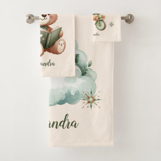Gepersonaliseerde Boho Groene Teddybeer Bad Handdoek (Insitu)