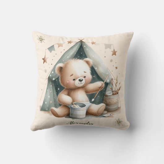 Gepersonaliseerde Boho Groene Teddybeer Kussen (Achterkant)