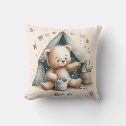 Gepersonaliseerde Boho Groene Teddybeer Kussen (Voorkant)