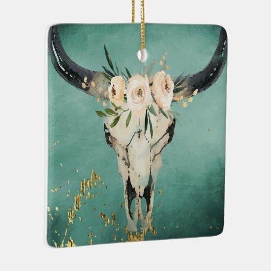 Gepersonaliseerde Boho Koe schedel, bloemen op Tur Keramisch Ornament (Rechts)
