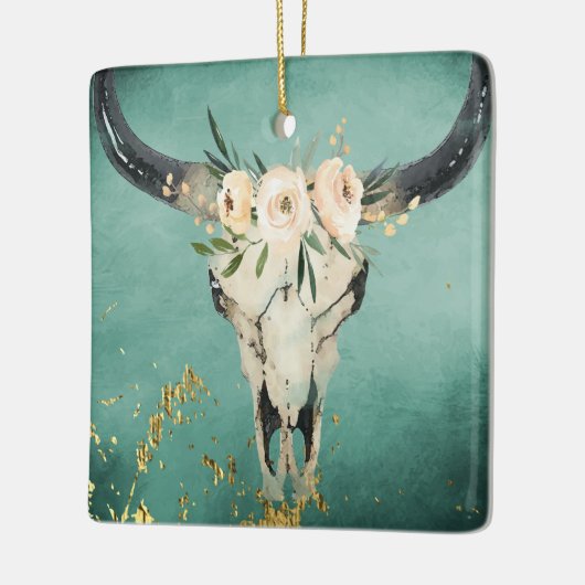 Gepersonaliseerde Boho Koe schedel, bloemen op Tur Keramisch Ornament (Links)