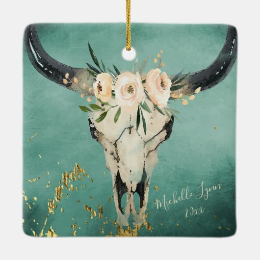 Gepersonaliseerde Boho Koe schedel, bloemen op Tur Keramisch Ornament (Achterkant)