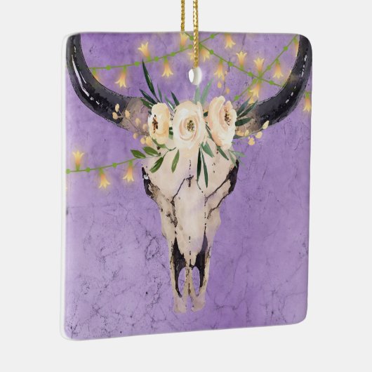 Gepersonaliseerde Boho Koe Schull en Licht Kerstmi Keramisch Ornament (Rechts)