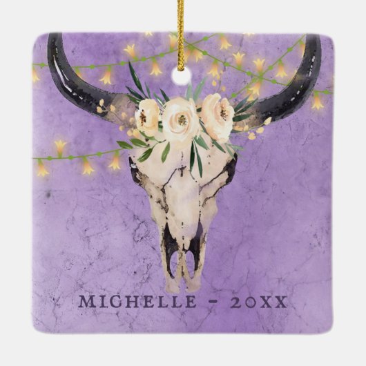 Gepersonaliseerde Boho Koe Schull en Licht Kerstmi Keramisch Ornament (Achterkant)