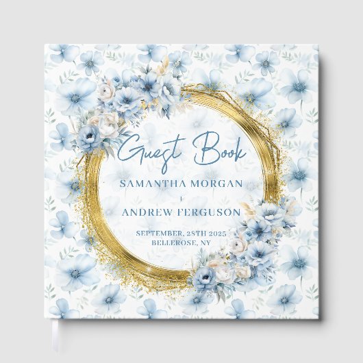 Gepersonaliseerde Boho Light Blue Gold Glitter Wed Gastenboek (Voorkant)