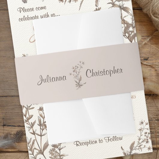 Gepersonaliseerde Boho Neutral Wildflowers Wedding Uitnodigingen Wikkel