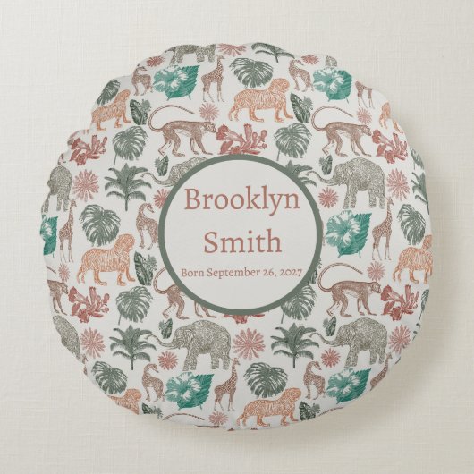 Gepersonaliseerde Boho Oerwoud Safari Rond Kussen (Voorkant)