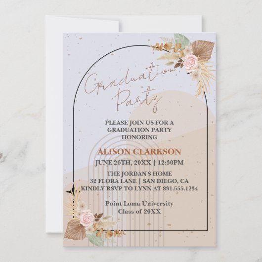 Gepersonaliseerde Boho Pampas Graduation Party Kaart (Voorkant)